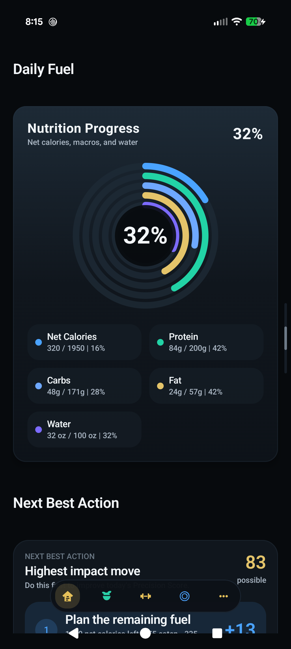 Precision Metrics Daily Fuel screen with nutrition progress and next best action